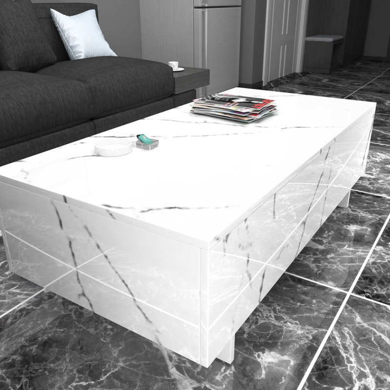 Khiry Sled Marble Rectangle High Gloss Coffee Table Elegant Center Table Side Table, White, 12.2" H x 42.5" L x 22" W