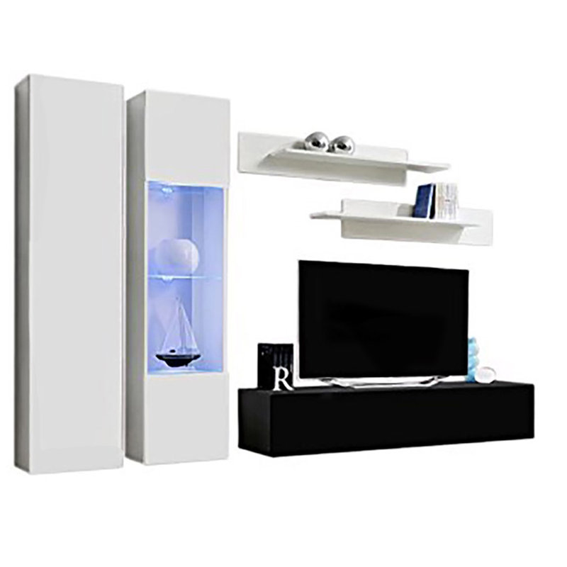 Villard 100" Modern Floating Wall Mounted Entertainment Center with 16-Color LED Lighting, High Gloss Finish, White/Black