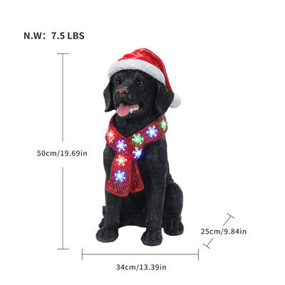Statue de chien 19,69 "noir Labrador Retriever avec lumières DEL et chapeau de père Noël, décor des Fêtes en résine