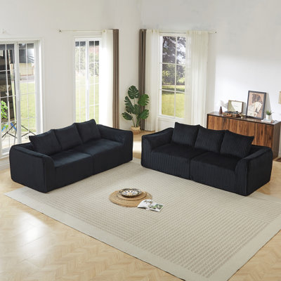 Minimalist 3+3 Seater Corduroy Sofa Set with Curved Lines & Gently Sloped Backrest, Comes with 6 Horn-Shaped Throw Pillows black