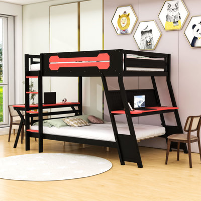 Wood Bunk Bed With 2 Desks, Charging Ports And Pegboard Organizer
