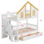 Lit superposé de style maisonnette avec fenêtres décoratives, portes et escalier de rangement intégré