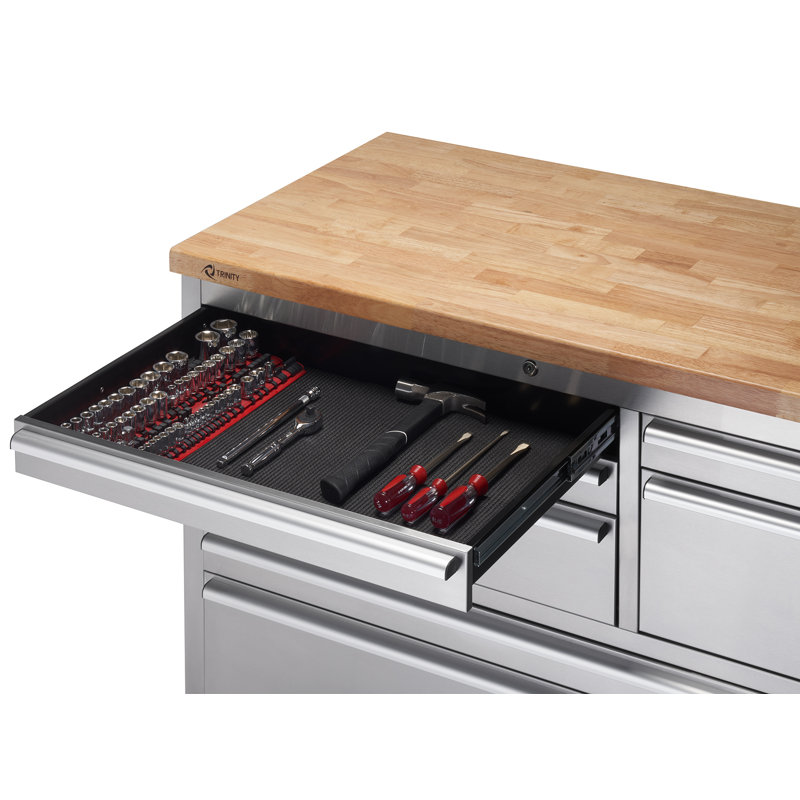 Trinity 48" Stainless Steel 7-Drawer Mobile Workbench with Wood Top