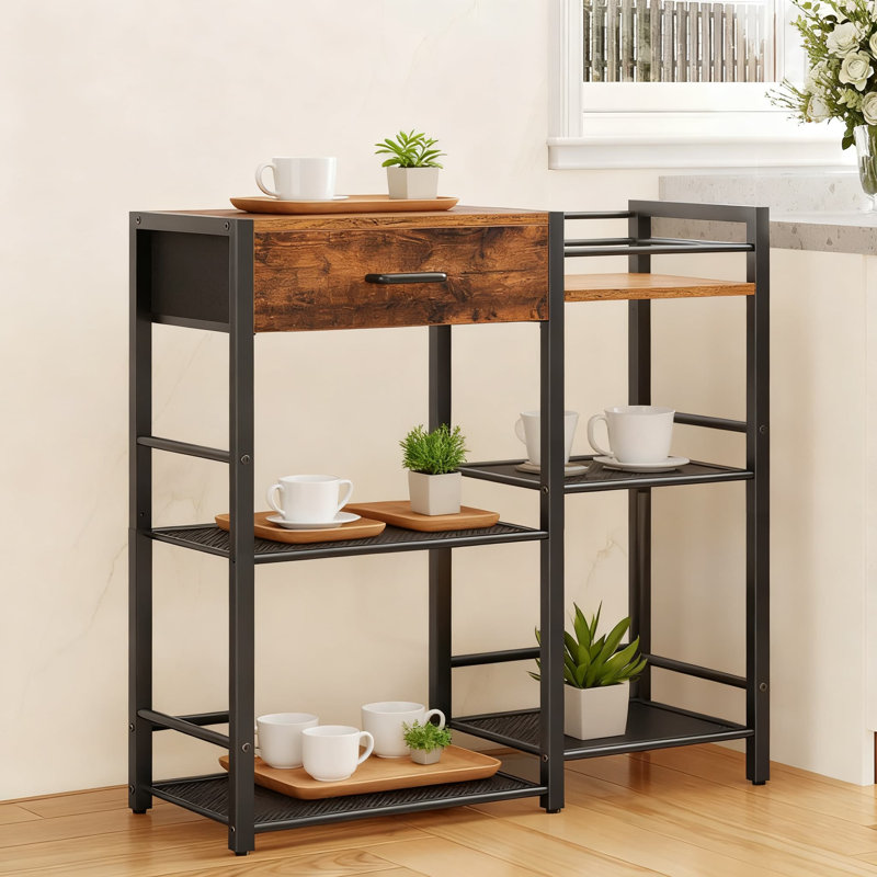 Armoire à café avec rangement, table de cuisine à 6 niveaux avec tiroir, support à café pour petits espaces, buffet industriel rustique