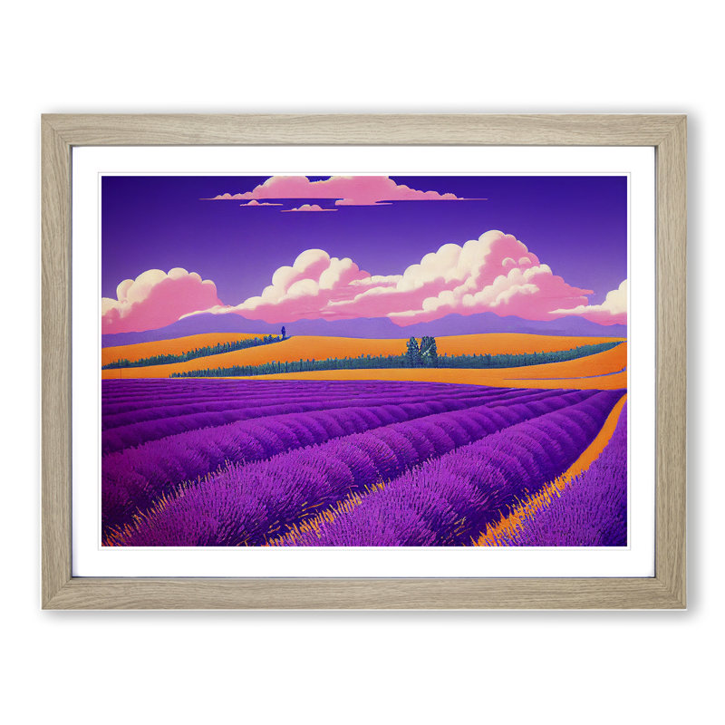 Ingenious Lavender Flower Field - Single Picture Frame Print, 46cm H x 64cm W x 2cm D, Oak