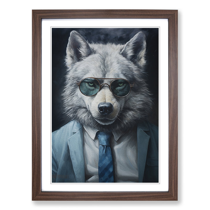 XYZ-FRM-V1223-1706 Wolf With Glasses Painting No.3 - Single Picture Frame Print on Wood, Walnut , 34cm H x 25cm W x 2cm D
