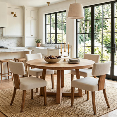 Ensemble de 6 chaises de salle à manger rembourrées en velours de bois, chaises de cuisine style Mid-Century avec dossier ergonomique courbé et pieds en bois pour la cuisine, la salle à manger et l’appartement, beige