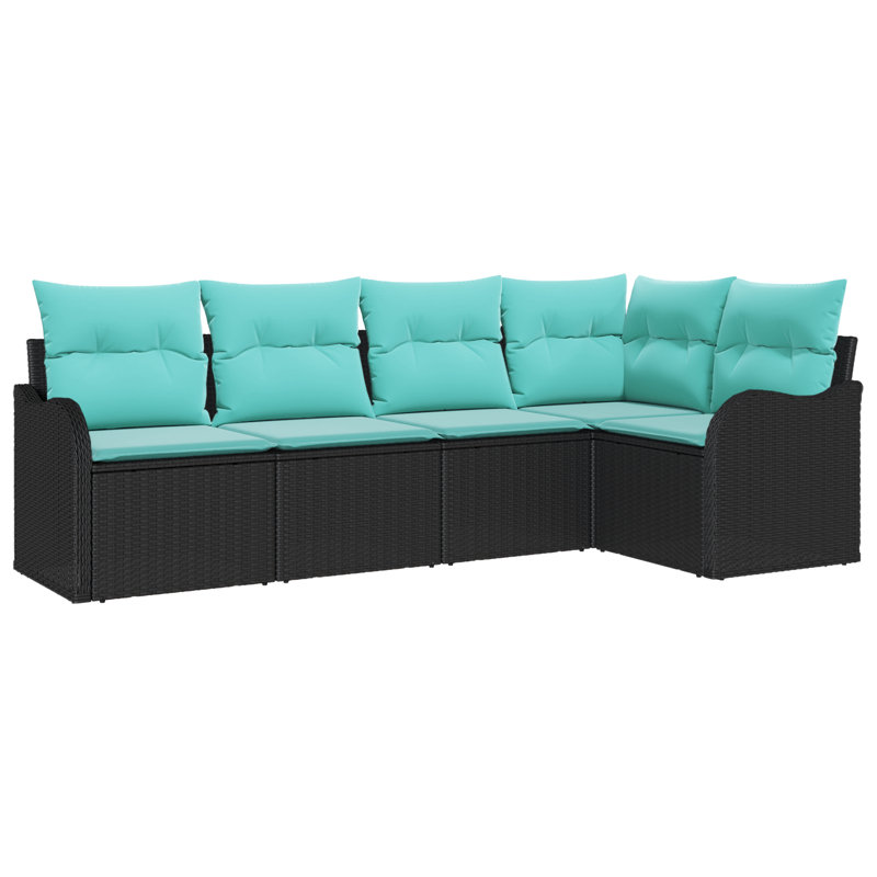vidaXL Garden Sofa Set Black Poly Rattan, Black Frame/Blue Cushion