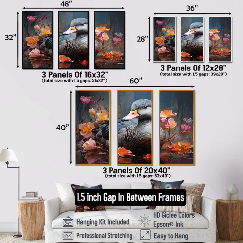 «Grey Duck», art mural canard gris, H 28 po x l 36 po, Cadre flottant noir