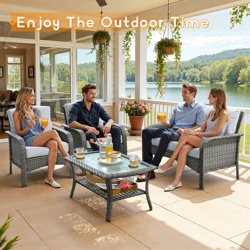4 Piece Rattan Sofa Seating Group with Cushions, Gray/Light Gray