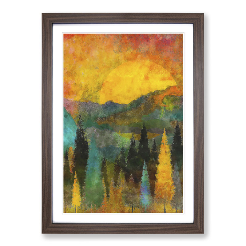 Sun Setting Behind an Autumn Forest - Picture Frame Painting, Walnut Framed, 65cm H x 48cm W x 2cm D