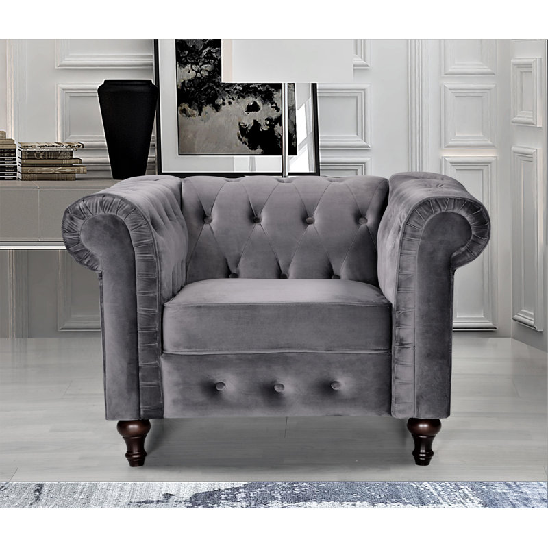 Shahan Upholstered Chesterfield Chair, Gray Velvet