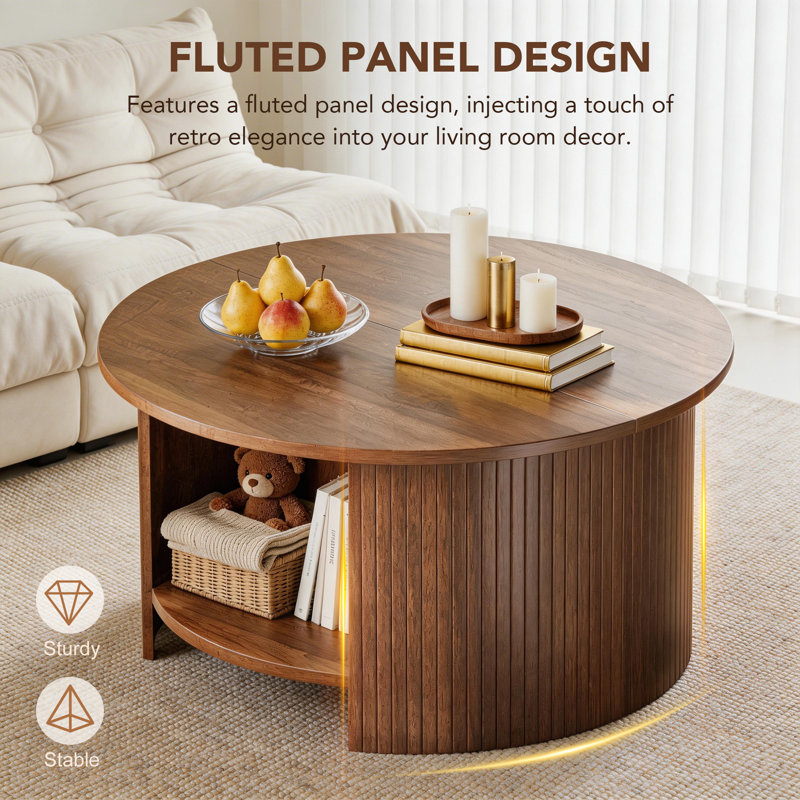 31.5" Solid Wood Fluted Round Drum Coffee Table with Open Storage, Modern Farmhouse Table for Small Living Rooms, Walnut