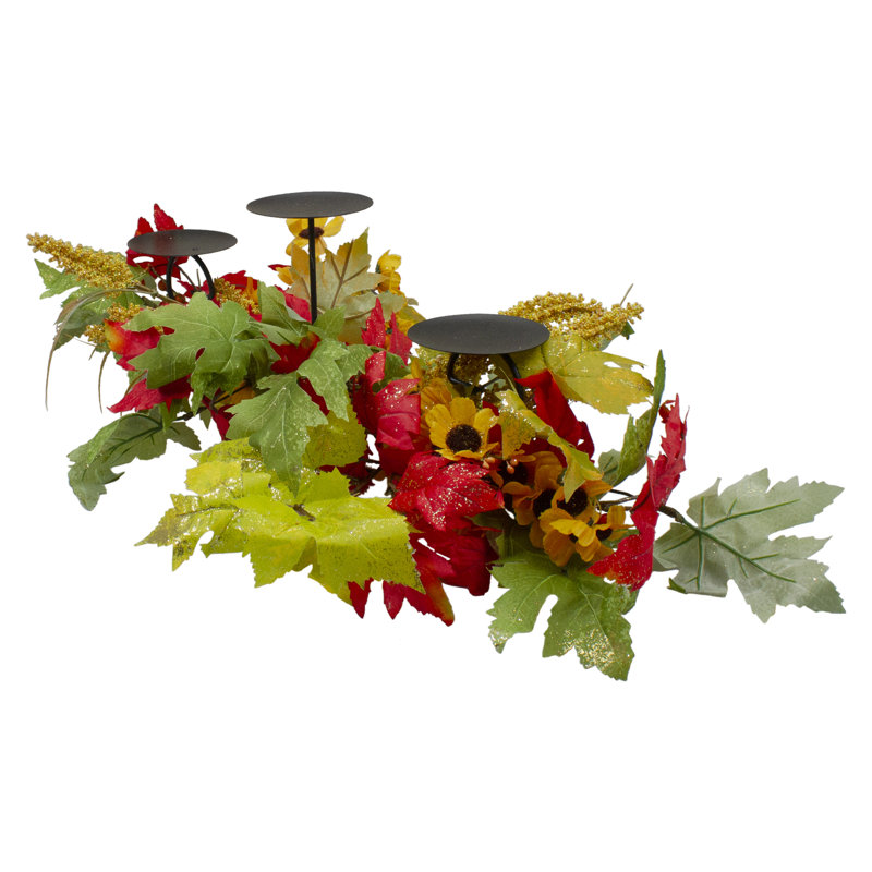 Porte-bougie d'automne 28 po tournesol jaune et feuilles rouges