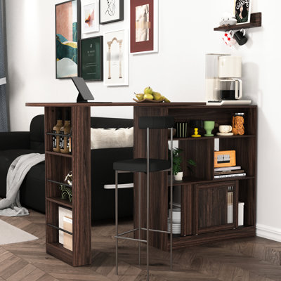 Armoire de bar moderne rotative en noyer, avec 6 boîtes de rangement et 2 tablettes en verre