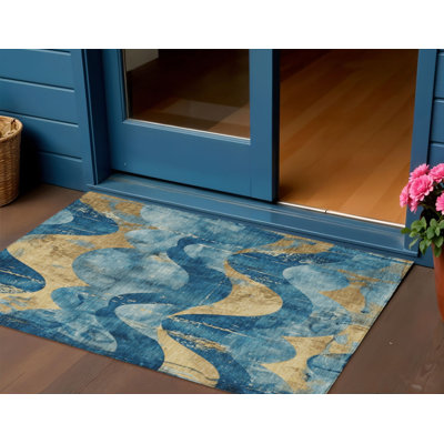 Tapis d'intérieur/extérieur lavable, motif abstrait bleu sarcelle et or, 90 x 150 cm