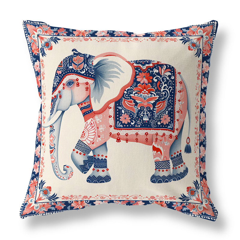 Coussin intérieur / extérieur Elephant Garden, H 20 po x l 20 po, Bleu/rouge