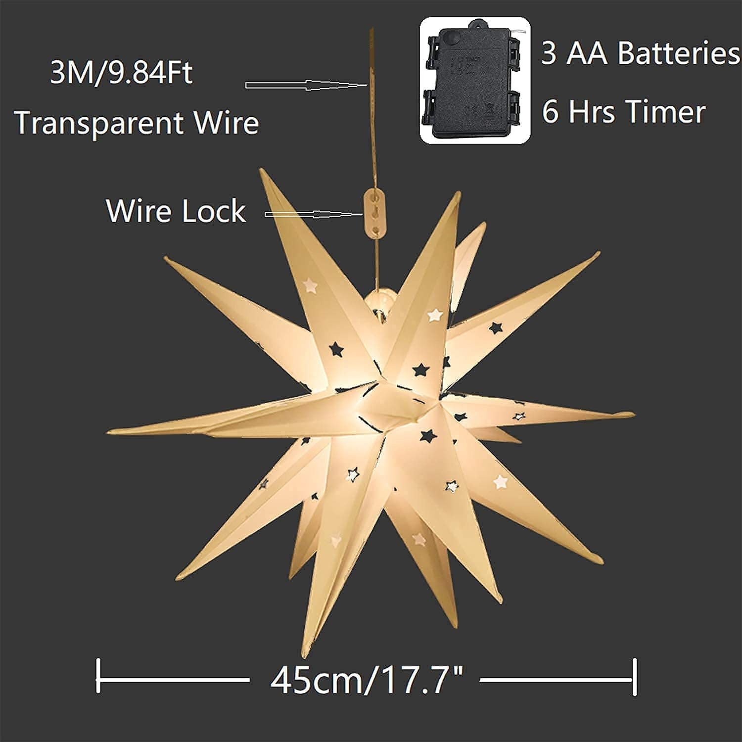 Moravian Star Led Lights 14"/17" Dia. Foldable Lantern Waterproof for Home Tree Party Decoration, 17.7" H x 17.7" W x 17.7" D
