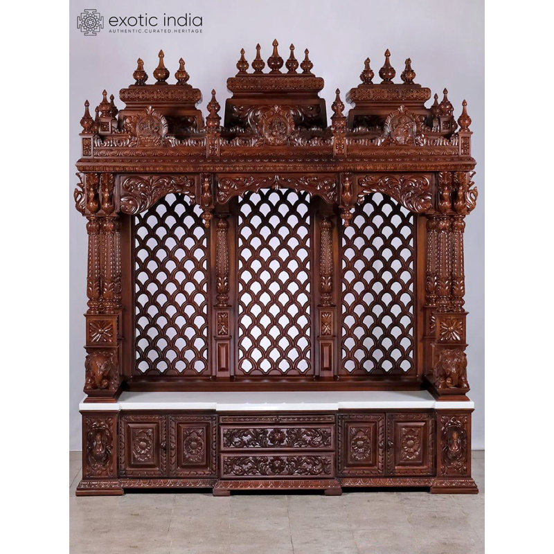 Grand Teakwood et marbre Puja Mandir, 84 pouces, maison de style designer avec tiroirs