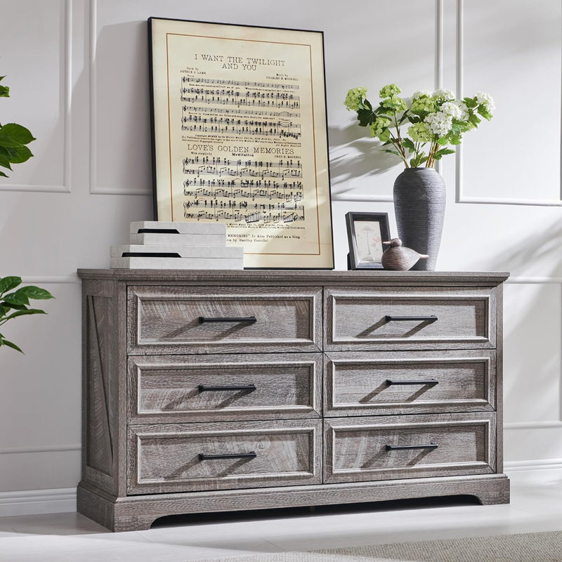 Ursula 52"W Farmhouse 6 Wide Drawer Dresser, Bedroom Chest of Drawers With  Anti-Tip Design, Gray