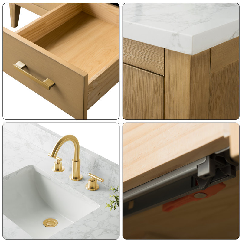 Chambery 60" Single Sink Bathroom Vanity with Engineered Marble Top, Golden Brushed, Natural Oak