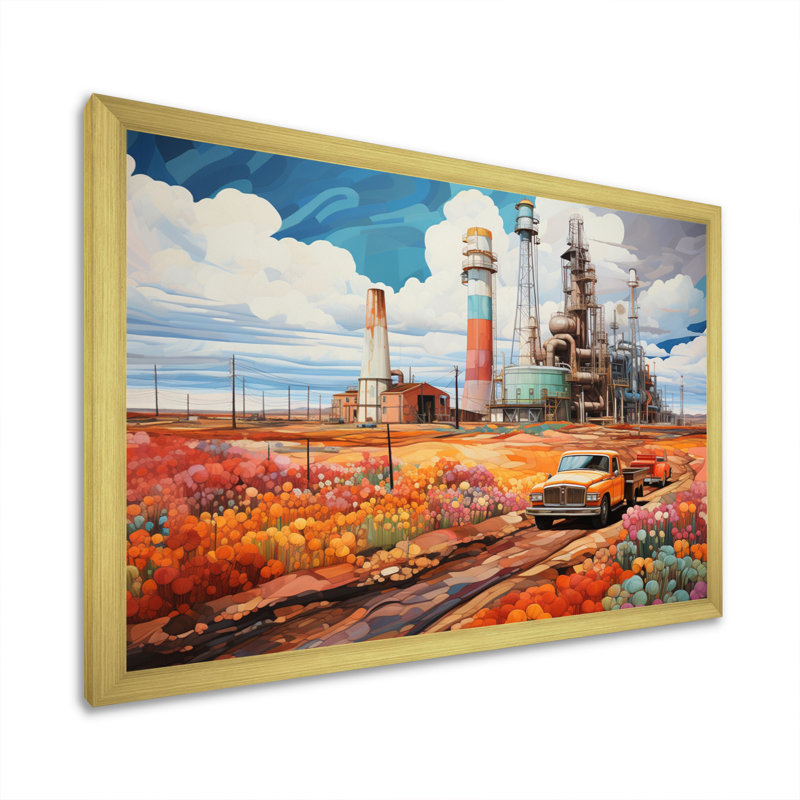 «Orange Oil Rigs», installation sur toile, Encadrement doré, H 34 po x l 44 po x P 1,5 po