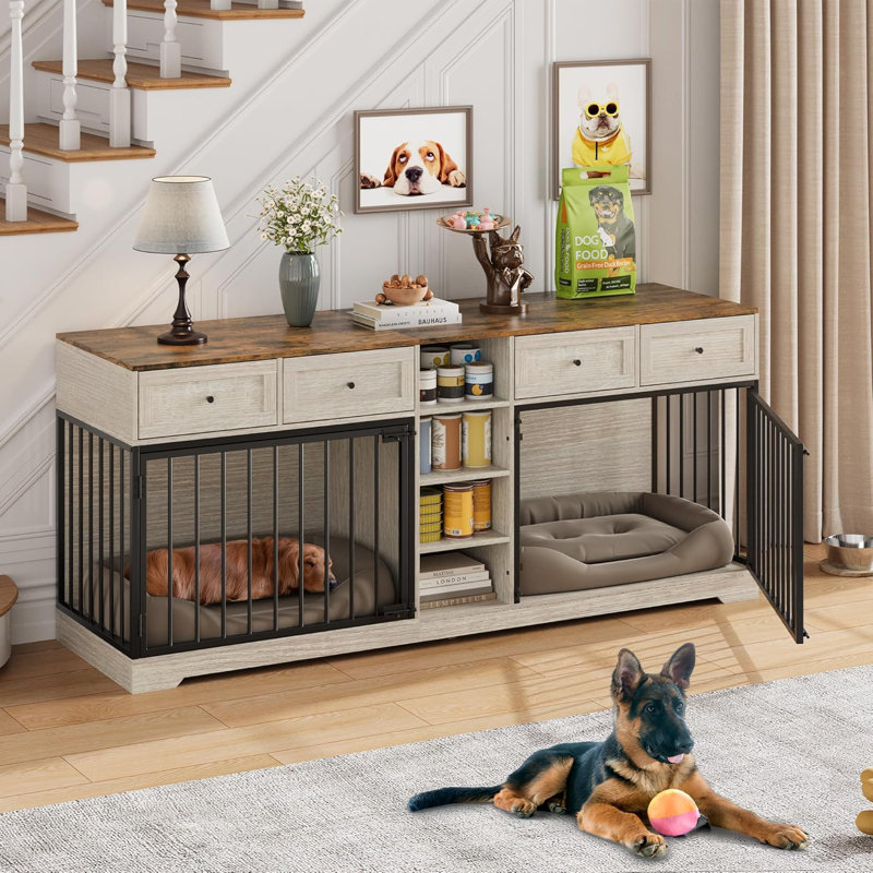 Meuble double 82 po avec tiroirs et tablettes, meuble télé en bois pour grands chiens 82 po, blanc, Blanc