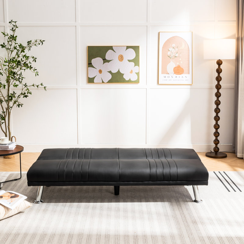 Kanasha Leather Folding Futon Sofa Bed with USB Charging Station Couch Bed Daybed Sleeper Love Seat, Black