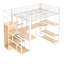 Lit mezzanine blanc avec bureau intégré, rangement et escalier à tablettes en métal