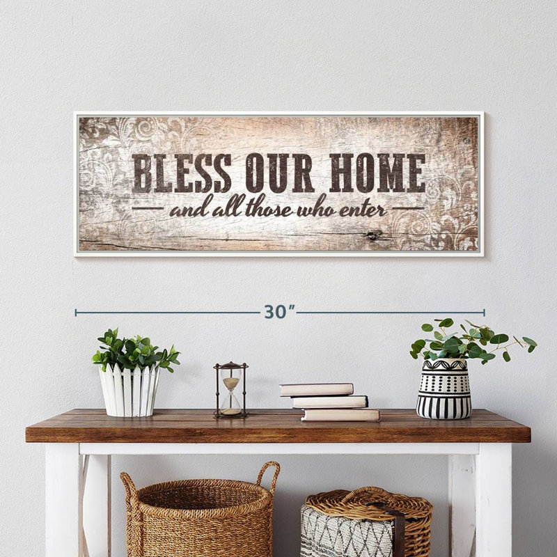 Plaque murale «Bless Our Home», Cadre flottant blanc, 31 po x 11 po