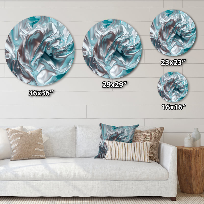 «Silver Blue Dancing Colors» - Art abstrait rond en métal, H 23 po x l 23 po x P 1 po