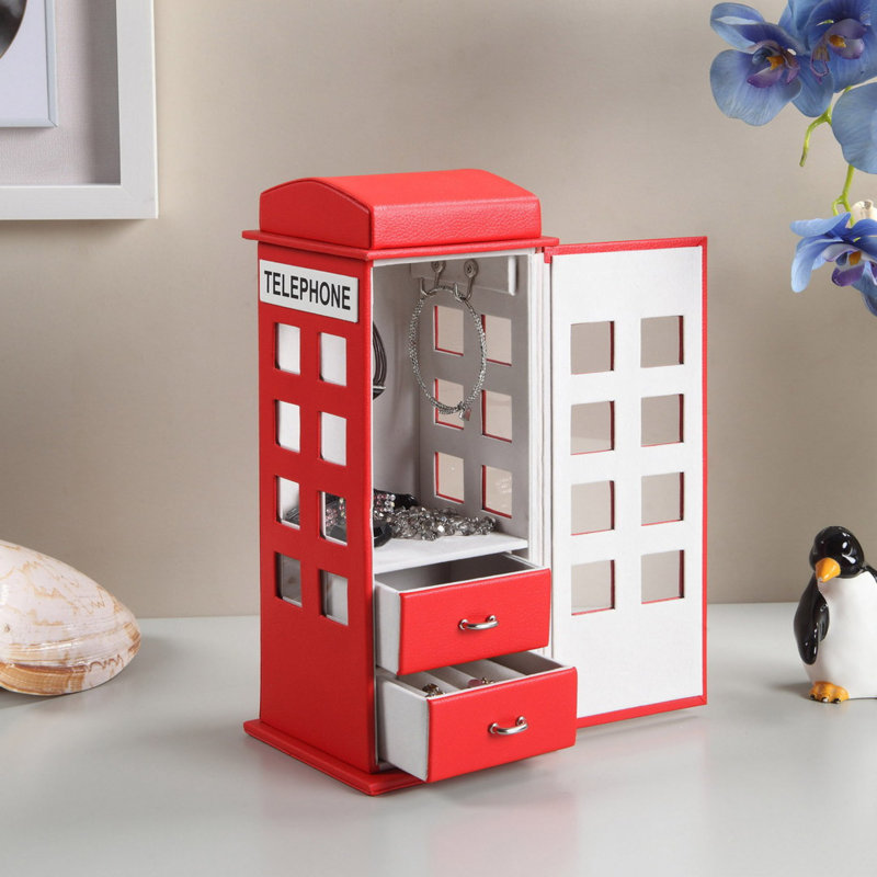 Élégant rangement à bijoux en cuir dans une conception de cabine téléphonique britannique pour la décoration et l'organisation de la maison