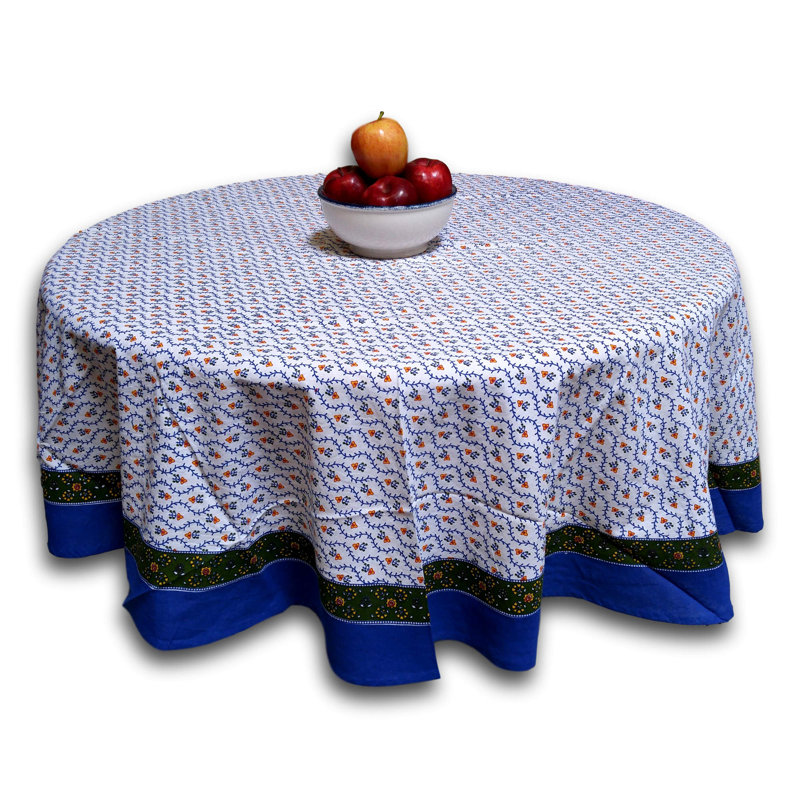 Cotton Floral Vine Round Tablecloth Gold Red Table Linen, 60" x 60", Blue/Green