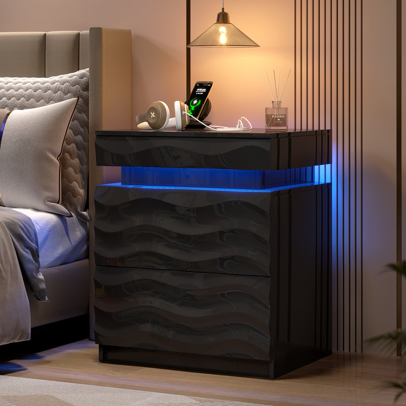 Bedside Table with Hidden Storage and Motion Sensor LED Light, Black