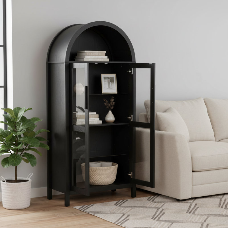 High-Arched Black Storage Cabinet With Integrated Lighting; Retro-Modern Style Wooden Cabinet Body; Adjustable Glass Shelves; Multi-Functional Kitchen Cabinet.
