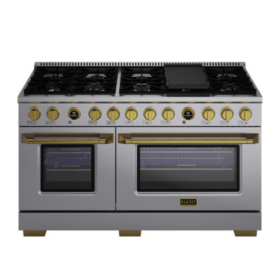 KUCHT 60 In. 7.9 Cu. Ft. 10 Burners Dual Fuel Range For Natural Gas In Stainless Steel With Gold Accents And Kucht Horus Thermostat