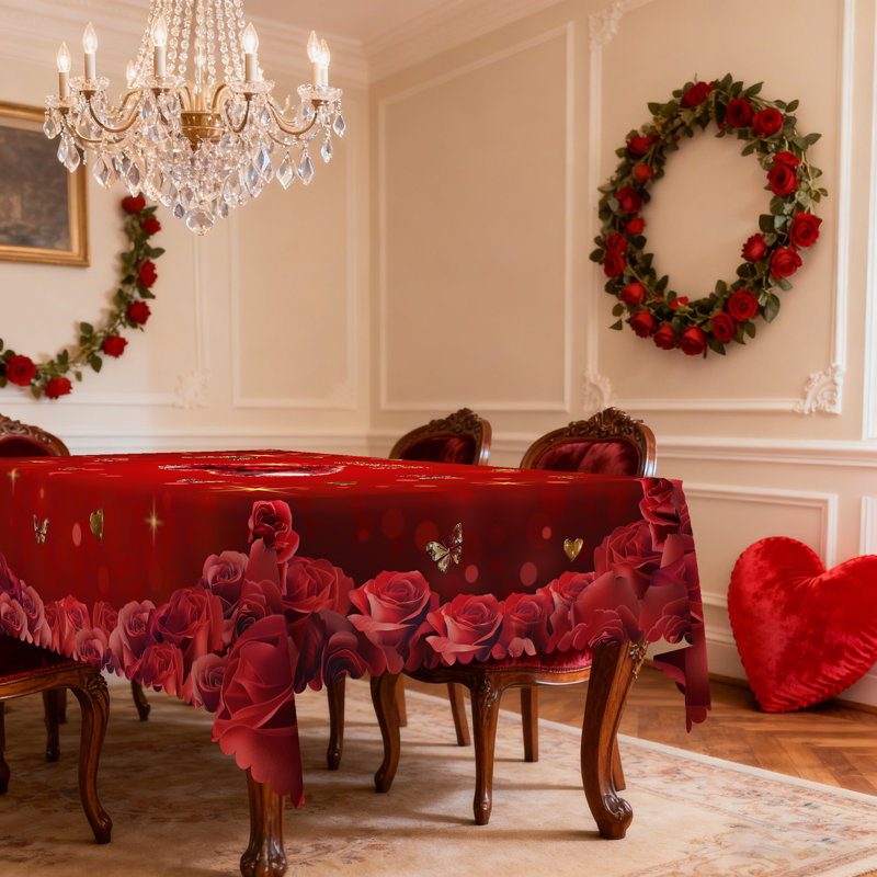 Valentine's Day Tablecloth - Red Rose & Crystal Heart Decorative Table Cover, Romantic Love-Themed Fabric Tablecloth for Valentine Dinner, Holiday Party, Kitchen Dining, Reusable Washable Tablecloth , Elegant Valentine Home Decor for Rectangular Tables