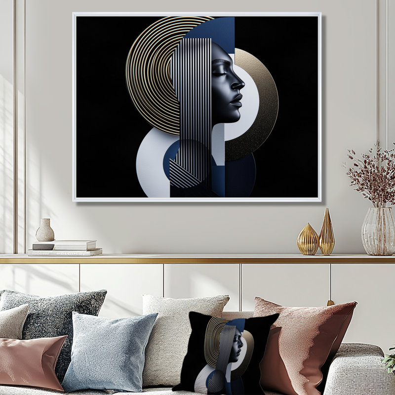 «Symmetry of Force Geometric Woman Portrait I», art mural abstrait femme, H 16 po x l 32 po, Avec cadre, Blanc