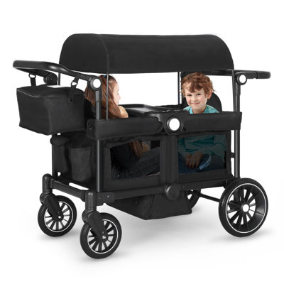 Folding Wagon Stroller for 2 Kids, Adjustable Handle, All-Terrain Shock-Absorbing Wheel, Detachable Tray, Diaper Bag