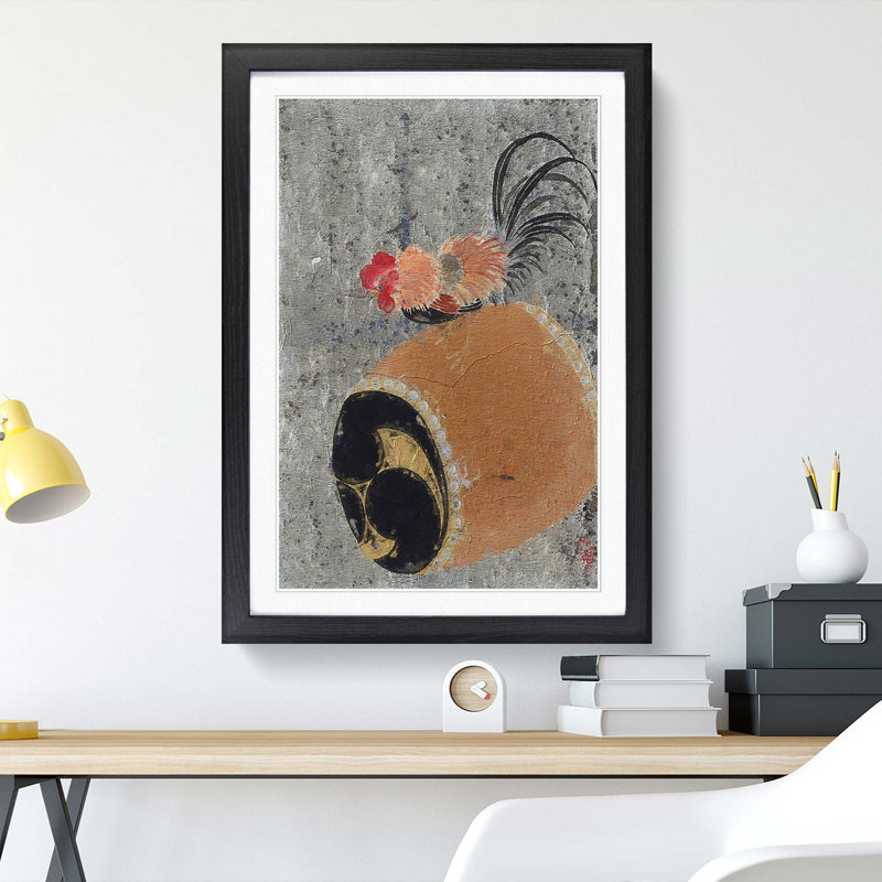 Cock on a Drum by Shibata Zeshin - Picture Frame Painting, Black Framed, 36cm H x 27cm W x 2cm D