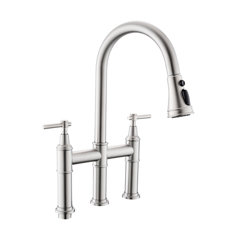 Pull Down Bridge Faucet with 2 Handles, Brushed Nickel