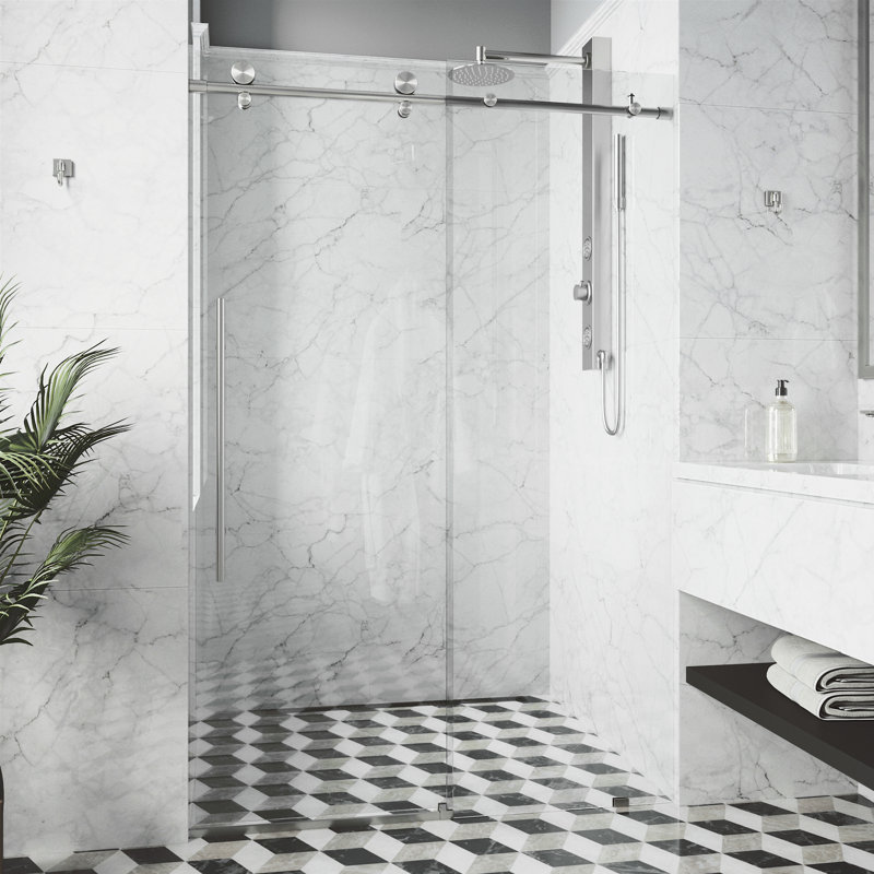 Elan E-Class 52-56" W x 76" H Sliding Frameless Shower Door with 3/8" Clear Glass, Stainless Steel