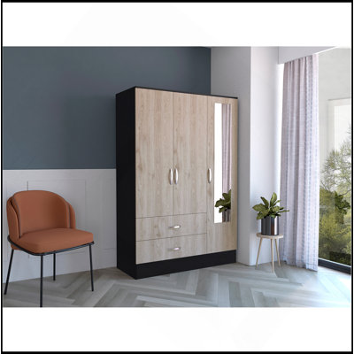 Armoire à miroir Bolton 120, quincaillerie en métal, armoire à deux portes, deux tiroirs, porte simple avec miroir, tringles