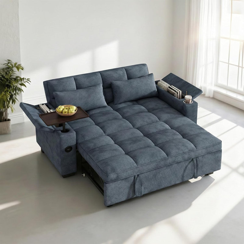 68-Inch Tufted Sleeper Sofa With Rotating Side Table, Cup Holders & USB Ports, Blue