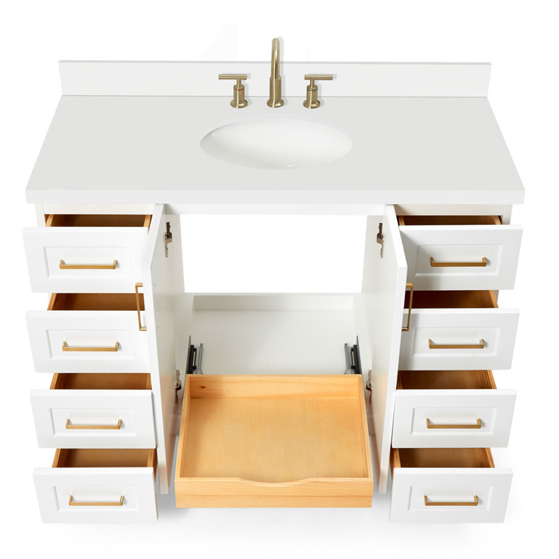 Freitas 48'' Solid Wood Single Bathroom Vanity, White, Oval, White Quartz