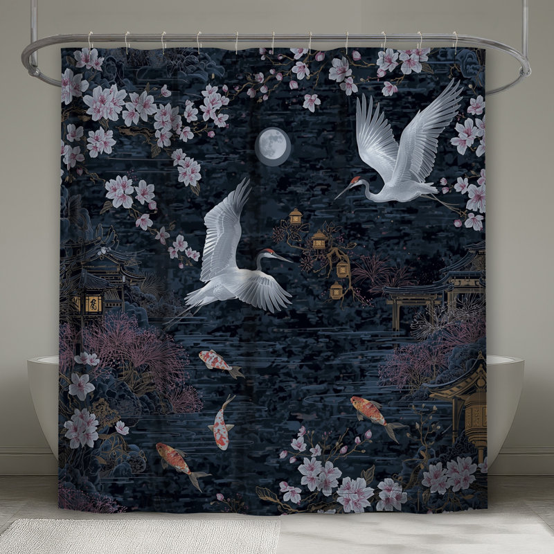 Rideaux de douche Cranes Cherry Blossoms Moon, 70in W x 84in H