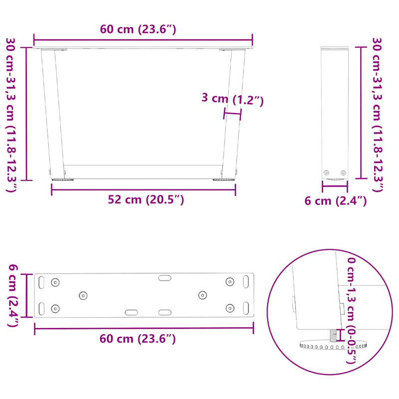 Table Leg, Black, 31.3cm H x 60cm W