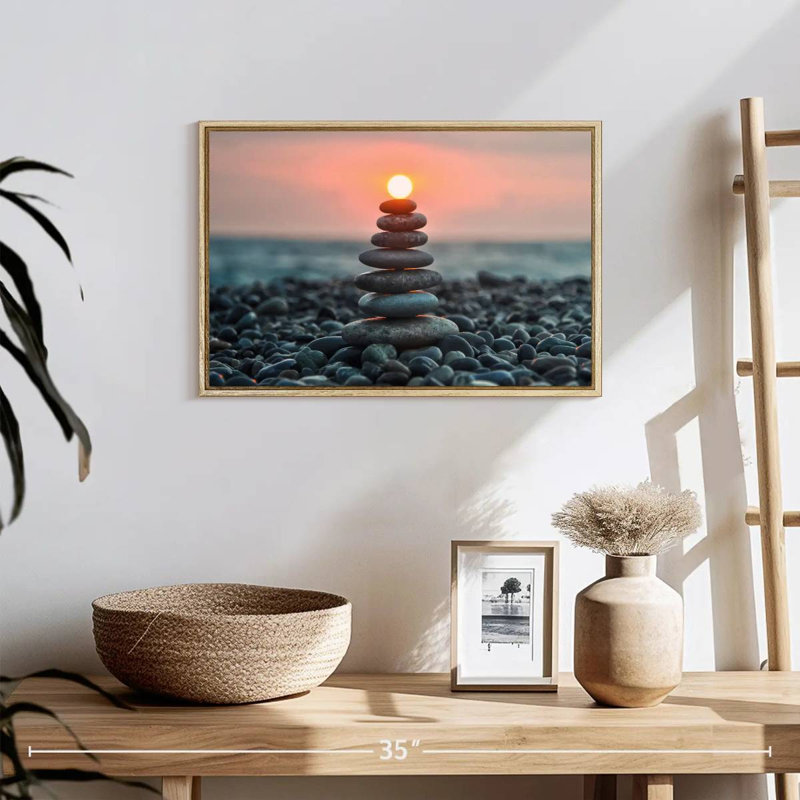 Zen pile au coucher du soleil, 19 po x 13 po, Cadre flottant en bois naturel