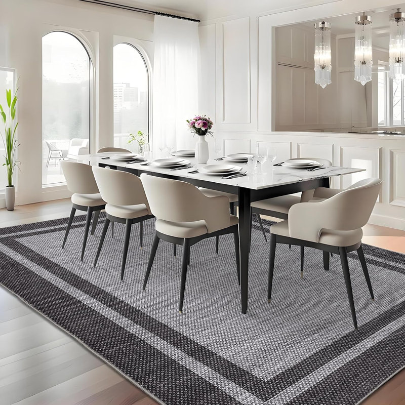 2x6 Washable Neutral Runner Rug – Minimalist Bordered Print, Non-Slip TPR Backing, Soft Thin Mat for Entryway, Kitchen (Black)