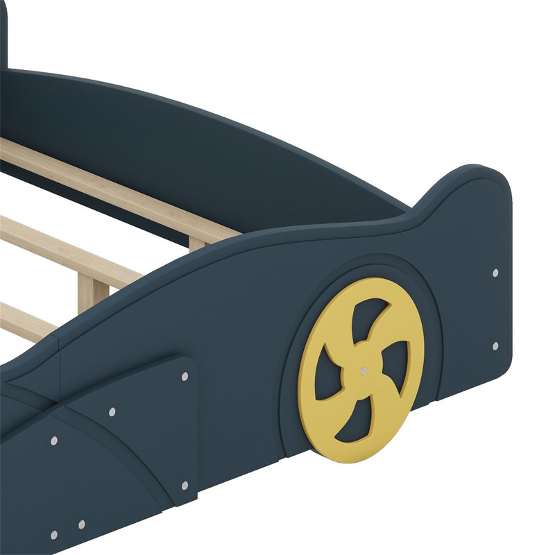 Lit plateforme avec roulettes et rangement Race, Lit double, Bleu foncé / Jaune